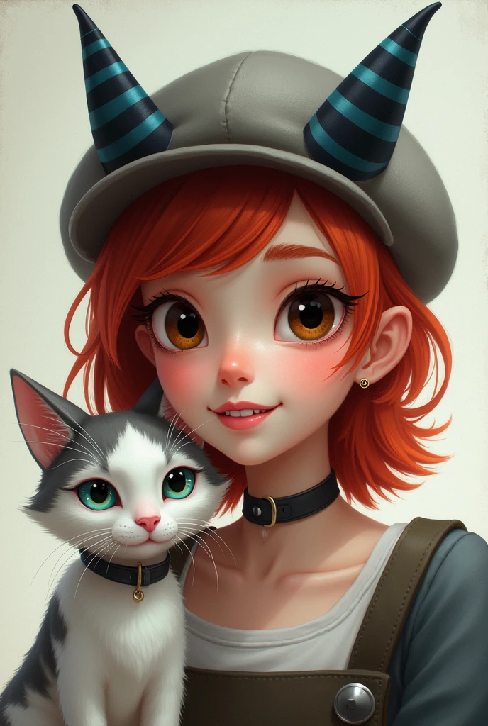 One with fair skin, cute smile, eyes browns, red shoulder length hair, wearing a gray cap with dark blue and black striped horns, completely black round eyes and little teeth, on your side a white and gray cat with a collar and green eyes on one side and blue on the other