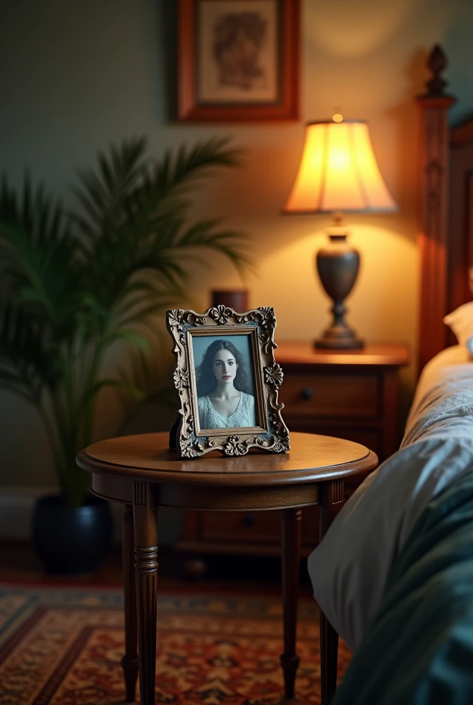 a picture frame on a night stand
