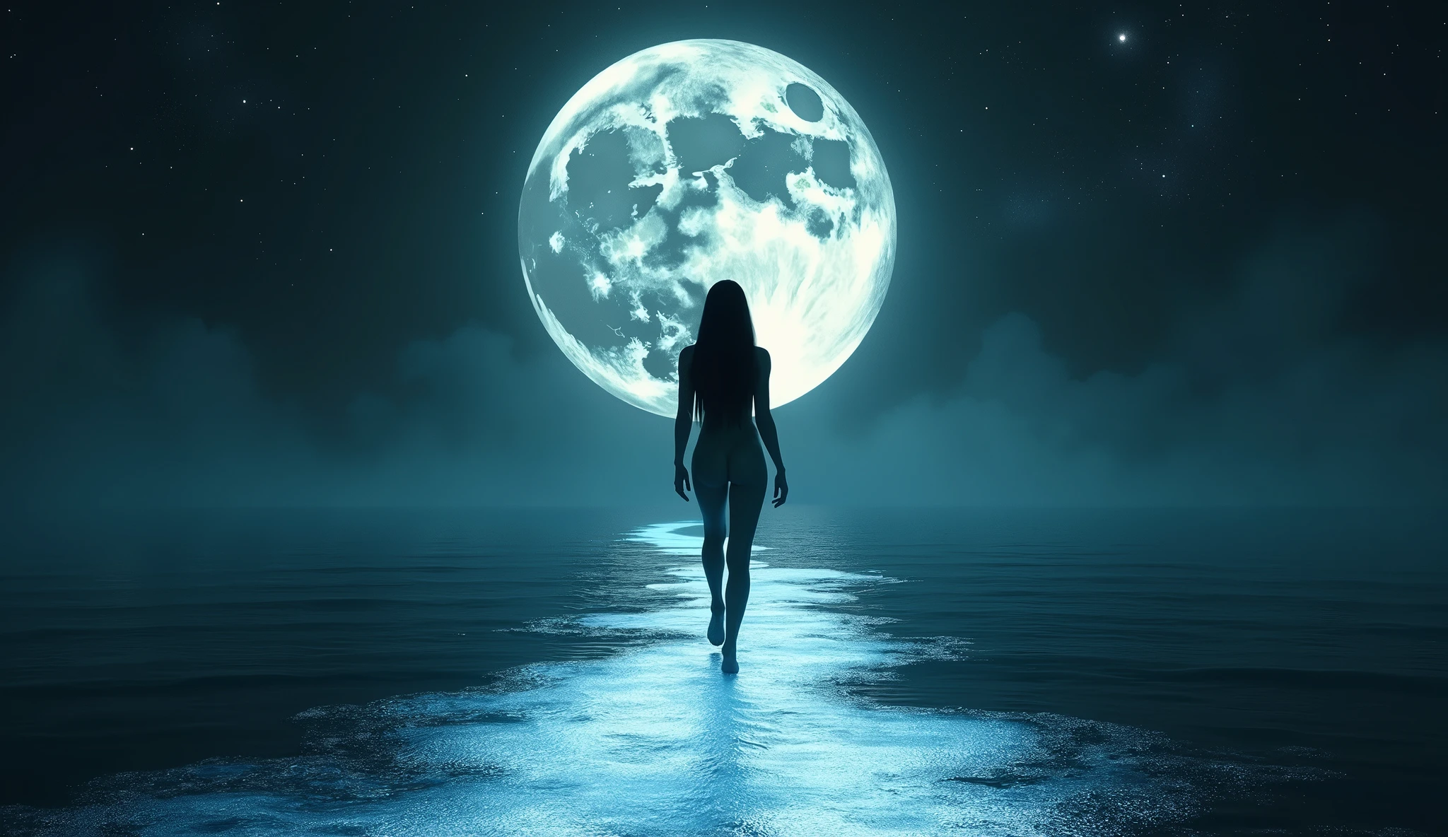 lost trace, sea, naked model long black hair tall beautiful in the distance walking on the ocean moonlight path, full moon rising very low the horizon, the moon is huge and halfway rising above the horizon of the ocean. The moons craters appear to form the image of a human skull with eye sockets and teeth. woman is centered in the image walking towards the moon which is also centered on the image. She leaves behind a glowing path in water bioluminescent. black water. black sky and stars and galaxies behind the moon.