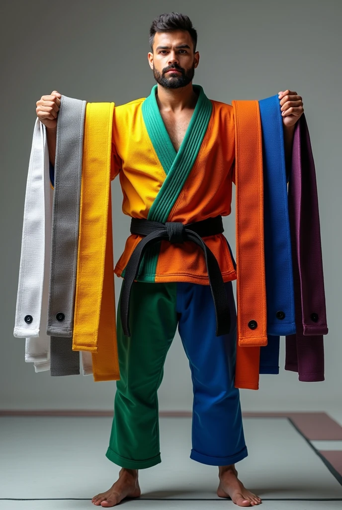A tall, strong man in a tight-fitting kimono, of jiu-jitsu the color of the Brazilian flag , with a black jiu-jitsu belt tied around his waist, on the mat, carrying eight jiu-jitsu belts in his hands, of varied colors, white, gris ,Yellow, orange juice, Unripe, cerulean, roxa , maroon , each jiu-jitsu belt has a black dot.