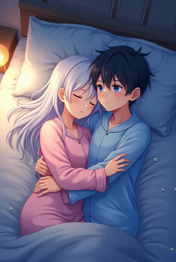 A anime girl with long white hair and blue eyes wears pink coloured pajamas at nightime sleeping together with a anime boy with black hair who is wearing blue pajamas both hugging each other to sleep
