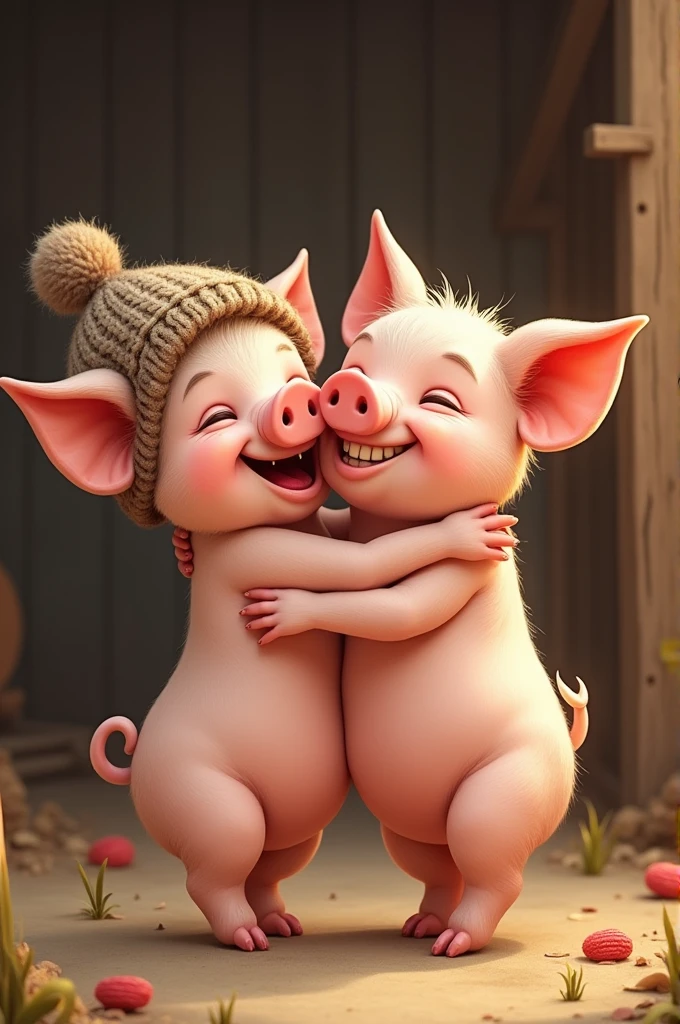 Two little pigs hugging each other, one with a short beard and a cap and the other with crooked teeth 