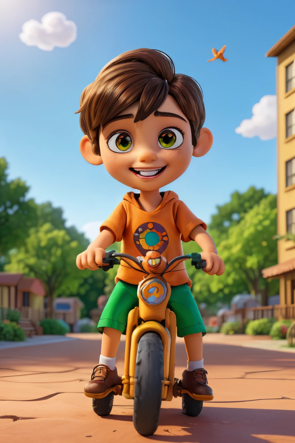 (best qualityer,4K,8k,high resolution,work of art:1.2),ultra detali,realisitic,portraite, a young boy, 6,beautiful detailed Brown eyes, detailed, happy in a beautiful sunny day , playing With a Orange bike, illustration style,swirly vibrant colors,warm hues,soft lighting,green garden background