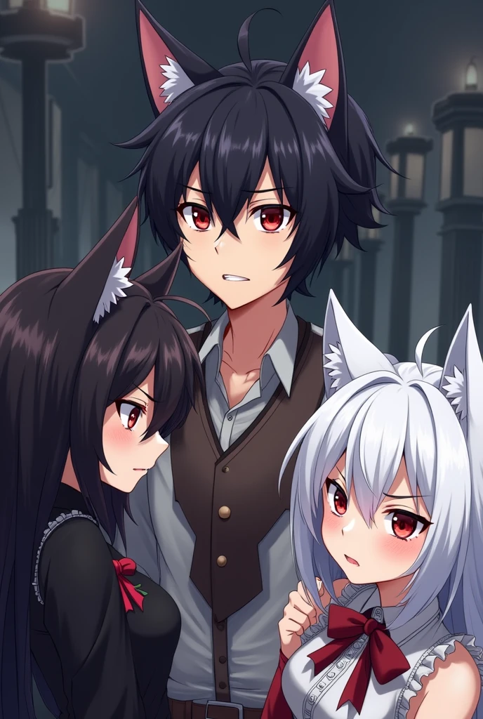 Anime boy with black hair and red eyes with an anime woman with long black hair and red eyes and cat ears Red with shame Anime girl with white hair and cat ears watching angrily
