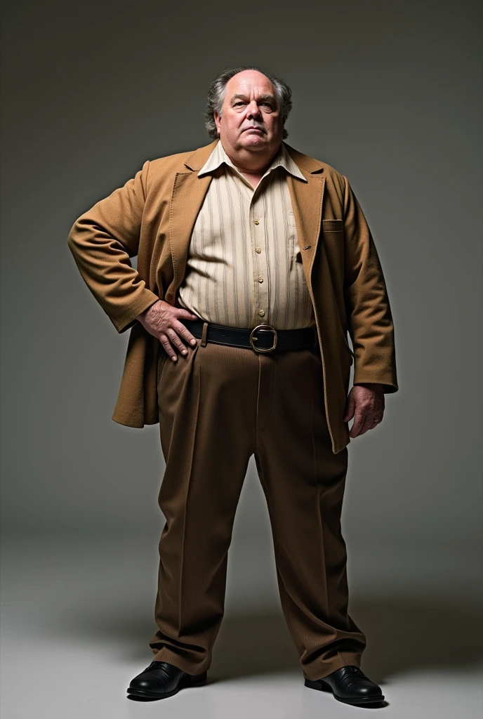 high fashion photography of a portly middle aged man wearing (retro 70s clothes),standing straight,hand on hip,looking at camera,high contrast,photo by Lewis Baltz 