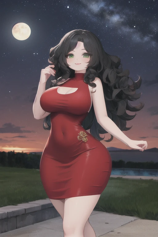 (wide hips), red dress, outdoors, night, lips, long hair, green eyes, black hair, wavy hair, evening gown, smile, closed mouth, large breasts, sleeveless