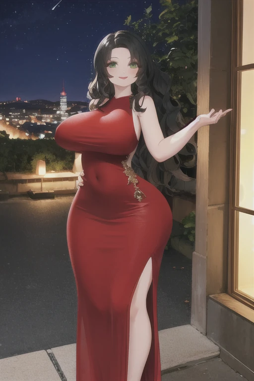 (wide hips), red dress, outdoors, night, lips, long hair, green eyes, black hair, wavy hair, evening gown, smile, closed mouth, large breasts, sleeveless