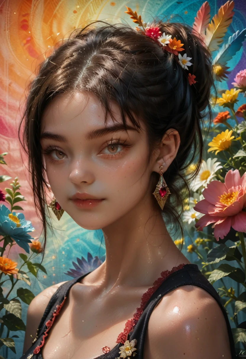 ((fractal art)),((masterpiece,best quality,extremely detailed,ultra high res,detailed background)),(((abstract background))),(1girl),((colorful)),flowers,(shiny skin),((many colors)),(earrings),feathers