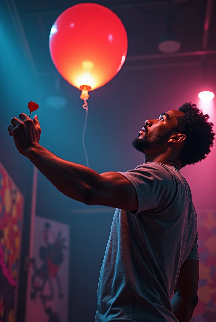 a black man throwing a dart at a balloon
