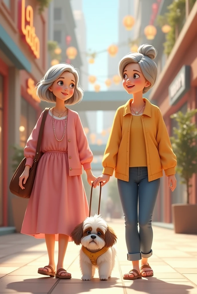 Create an image A girl shitzu with 1 older woman in a pink dress and one in a yellow blouse and jeans walking in a mall
