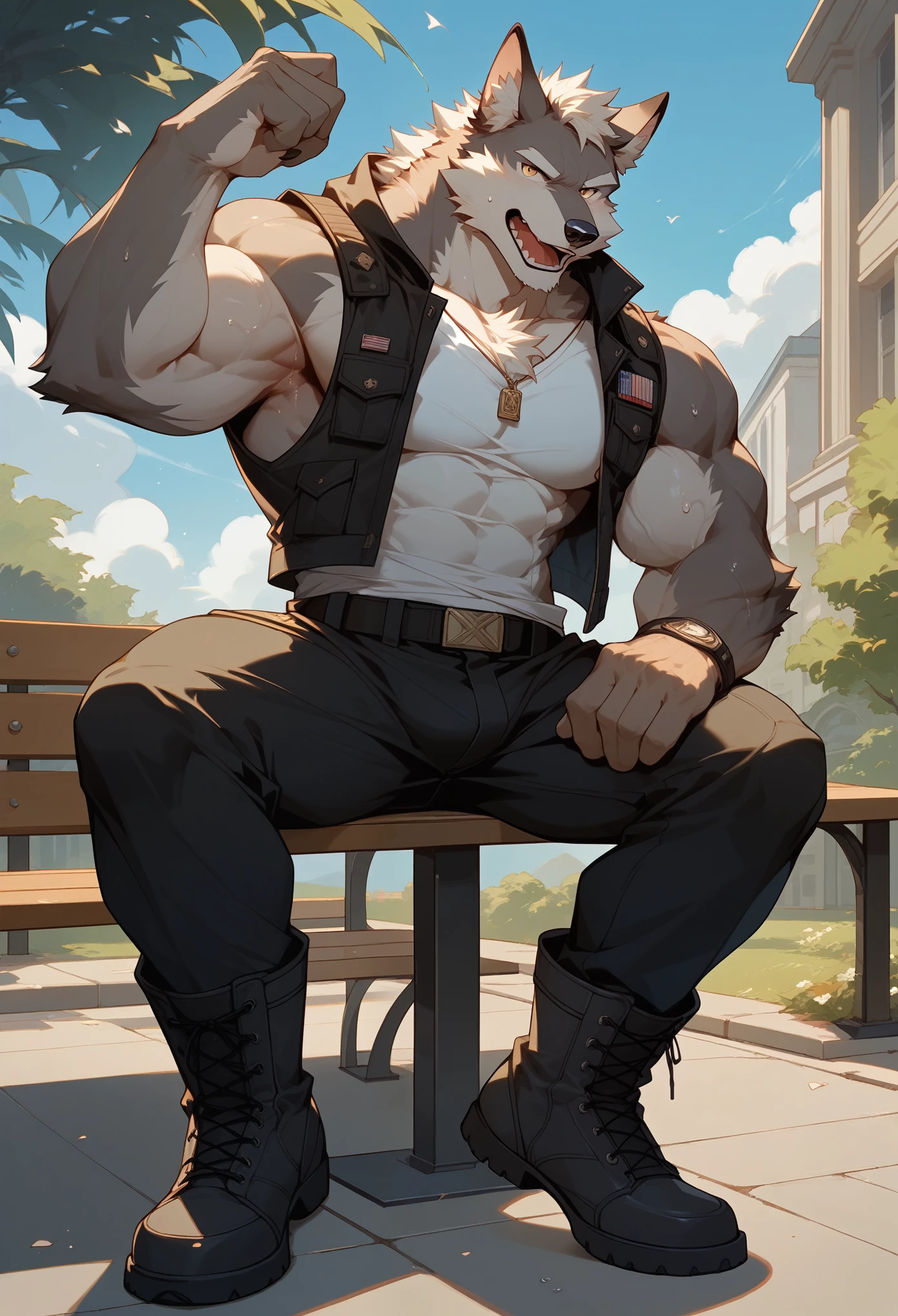 score_9, score_8_up, score_7_up, Expressiveh, masterpiece, extremely detailed, highres, detailed beautiful face and eyes, best quality, best aesthetics, absurdres, perfect anatomy, perfect proportions, high resolution, good color, bright skin, good shading, countershading, well detailed background, handsome, male focus, full body, open mouth, veins muscular, sweaty, sweat on skin, full body, chest fur, shaded, sexy, attractive, looking at viewer, Muscular, show his armpits, Gray wolf, white fur, sitting on bench at sidewalk, close up, black pants down, huge crotch, combat boots, unzip pants, dusky, dusk time, evening.