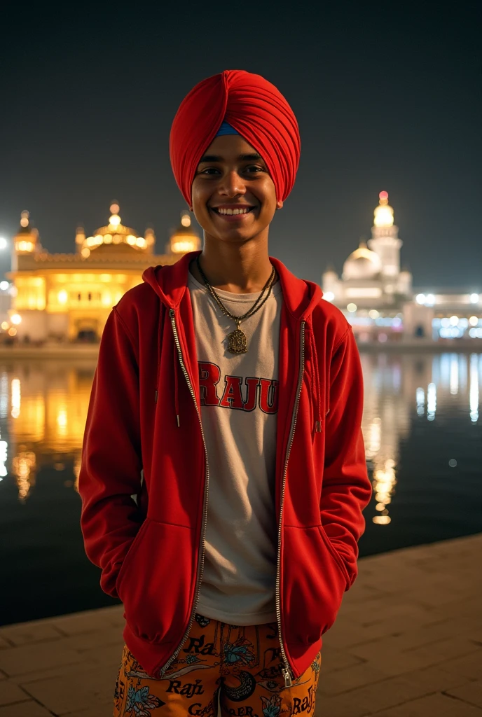 " A 16 YEAR PUNJABI BOY with SIDHU MOOSE WALA,ATTRACTIVE SMILE WEARING A RED TURBAN ,RED Hoodie ON WRITE BOLD NAME "RAJU"Shirt PANT, and holding a collage small golden temple in Punjab his body luck front of the camara , his background bustand in AMRITSAR city , waiting for a bus at night, wide angle shot, RUN TO CAUGHT BUS,BACKGROUND BOLD NAME "RAJU" Neck In locket this letter "R"