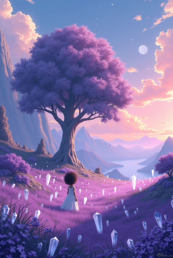 The surrounding scenery is large mountains far away from the large central tree with leaves and flowers in shades of lilac and white., the lilac colored grass along with the flowers on it, around the big tree there are small white crystals floating, the creator with medium curly hair, brown skin and black eyes is interacting with one of the small crystal banks, being seen from afar, anime styling, with a beautiful sunset