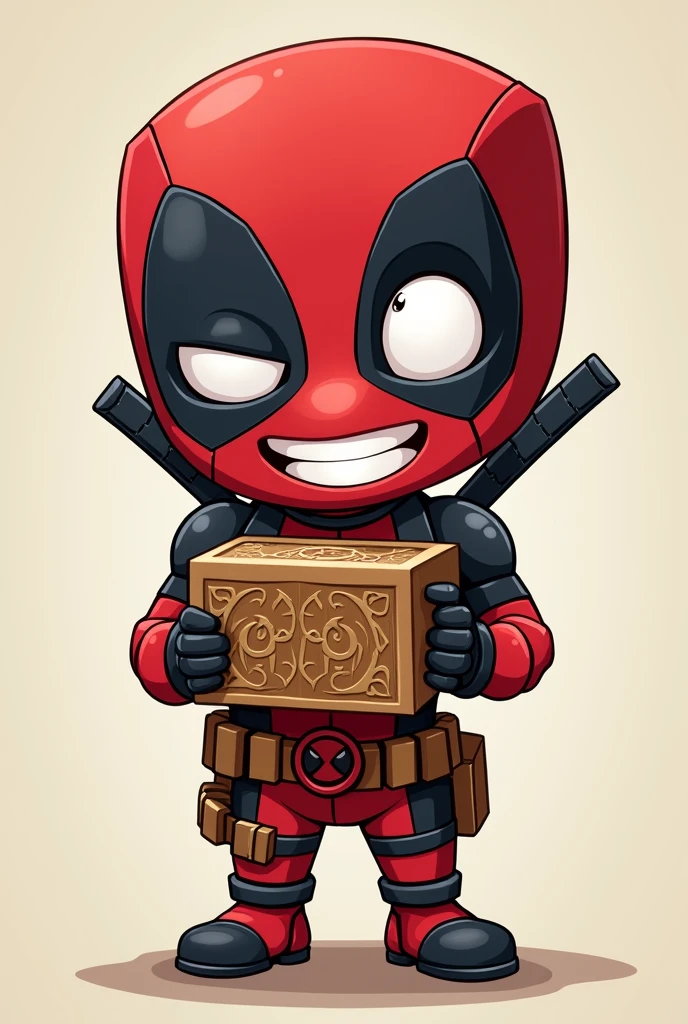 Cute Deadpool holding a box in his hands in a cartoon style in full height
