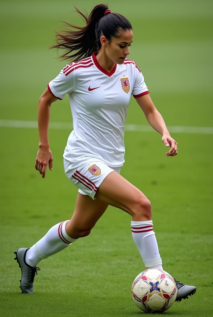 White Arab female soccer player showing off her big round butt and slim body wearing soccer uniform