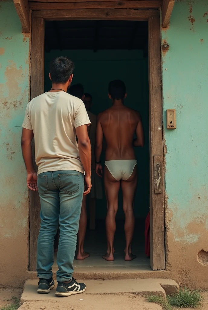 Shirt reporter, pants and sneakers leaning against the door outside an old house watching Iranian men showering in their underwear inside.