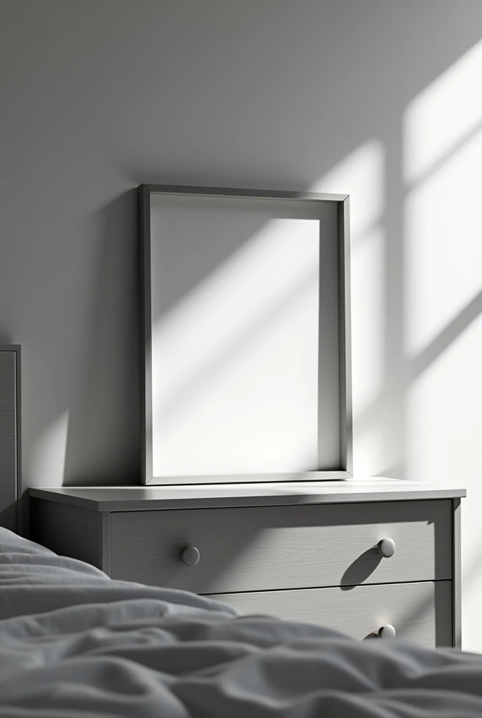 an empty picture frame on a minimalistic night stand