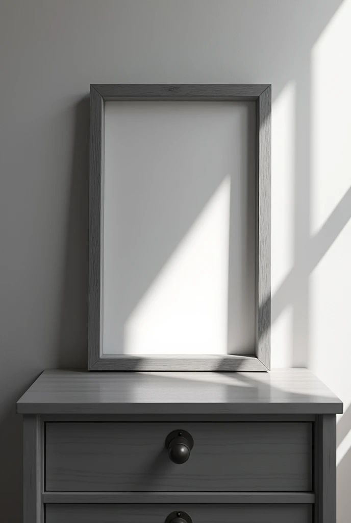 an empty picture frame on a minimalistic night stand