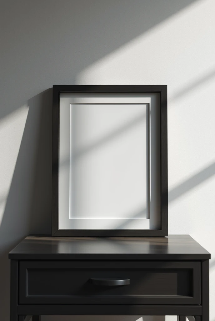 an empty picture frame on a minimalistic night stand