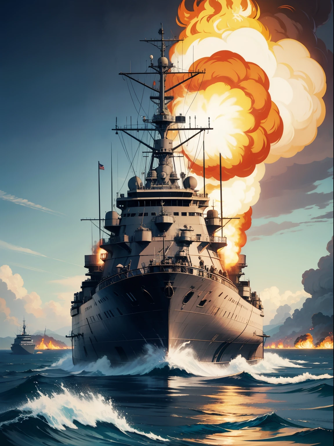 old battleship, in the middle, fire, war, 