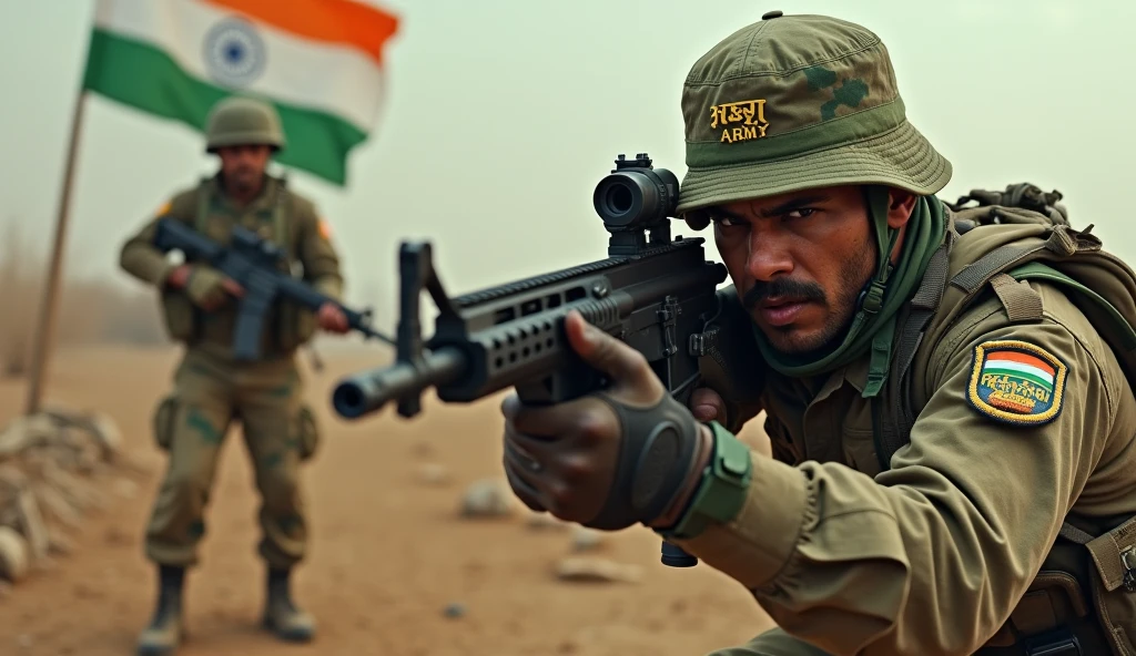 (Masterpiece) (highly detailed) Realistic1.6 portrait of indian army attacking pakistan terrorist with gun and his cap name indian army with indian flag real photography 8k uhd