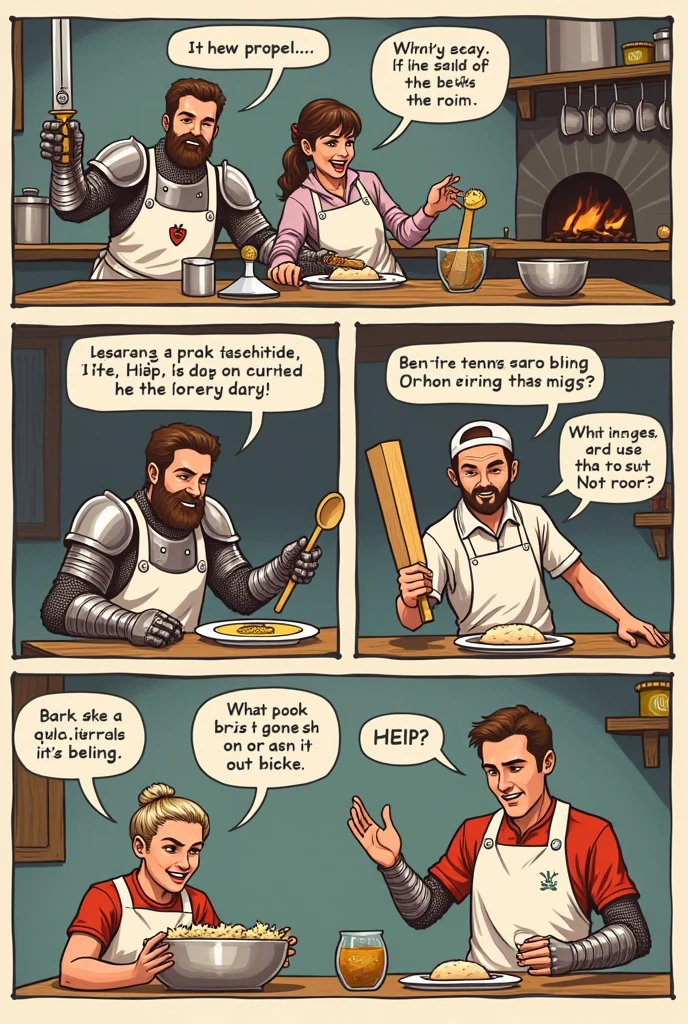 Create a comic strip with the characters of a medieval knight ,tennis player and a javelin player who are more culina