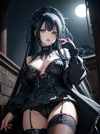 A gothic punk goth girl, perfect face, beautiful Asian woman with long White hair in White curls and coils, very cute and           beautiful girl, (highly detailed beautiful face), high detailed fingers, (wearing panties, topless), detailed face,
]cowboy shot, looking at viewer, Standing, white panties. intricate details, cinematic scene, detailed background, solo, dynamic angle,  ((beautiful big blue eyes looking down at the viewer, black shiny lipstick, perfect Asian goth cyber makeup)) double d breast, detailed cute face, white hair, gothic punk fashion, highly detailed gothic fashion, short skirt, heavy make up,),(dark black lipstick), size, Backlight effect, lens flare, depth of fields, blurry background, Detailedface,1 girl, Detailed eyes, ,(thigh up shot image :1.5), Black gloves. Walking in the rain. Moonlight shines on her face. Sombre setting 