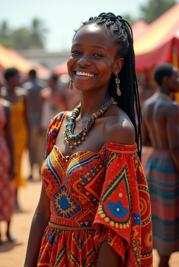 Describe an African woman attending a cultural fair in her village, highlighting her clothing, colors, and the environment around her