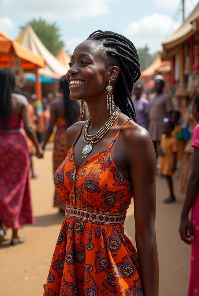 Describe an African woman attending a cultural fair in her village, highlighting her clothing, colors, and the environment around her