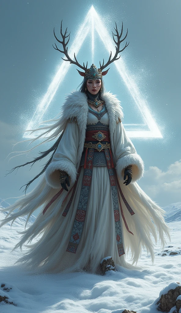 Mongolian Queen shaman deer antler winter clothing . shaman triangular shape drum. white dragon.