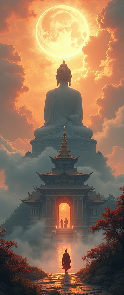 The Majestic Silhouette of Buddha in the Sky Looks Intently at His Temple and People from Heaven, very bright colors and clear details, Beads on Hands, Buddha Temple, Many people go and bring offerings to the Temple,there stands a monk at the passage at the door polite in a uniform traditional polite, Wide Format Image, masterpiece, Divine Image, Conveyed Feelings, Shine of Heaven, Shine of Clouds, shine, majestic painting,