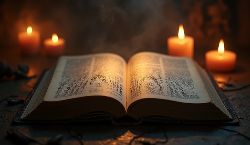 an open Bible and a dark setting with candles illuminating ancient scriptures