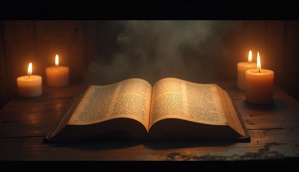 an open Bible and a dark setting with candles illuminating ancient scriptures