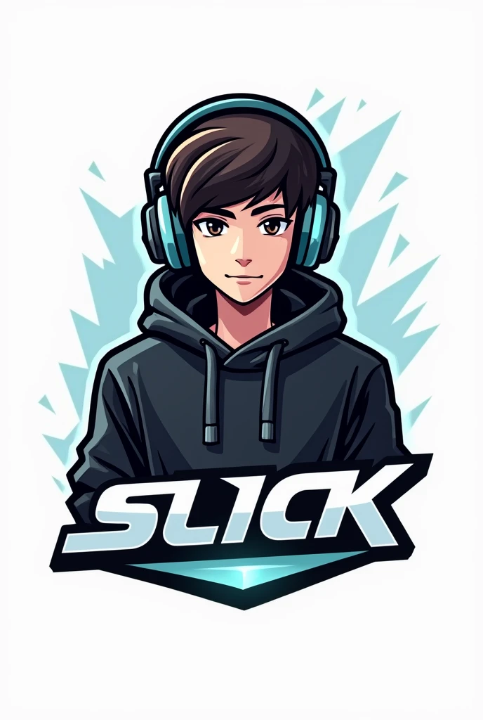 Create a logo of a gamer boy wearing headphones and a black hoodie, e abaixo dele, write in blank "slick"