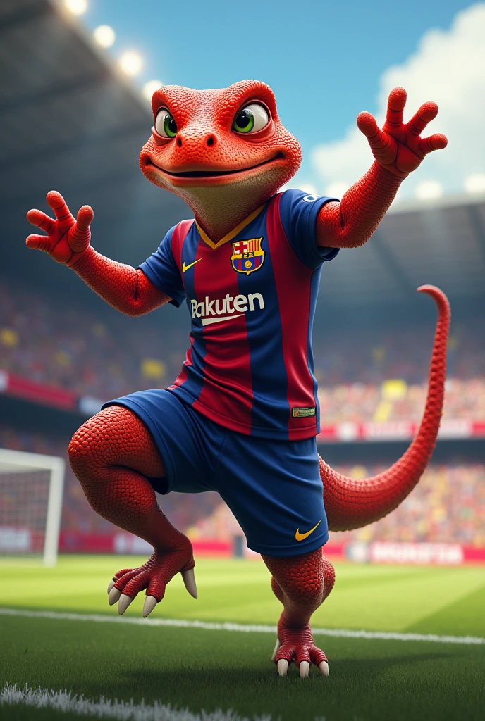red lizard celebrating a goal in the last minutes with the Barcelona shirt and shorts