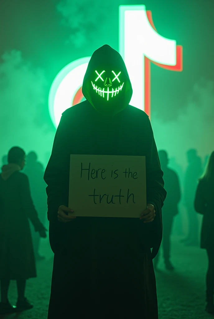 Black shadow wearing neon green halloween mask holding a written sign: here is the truth. And looking at rich people down there with the big TikTok logo behind them and fog all over the place
