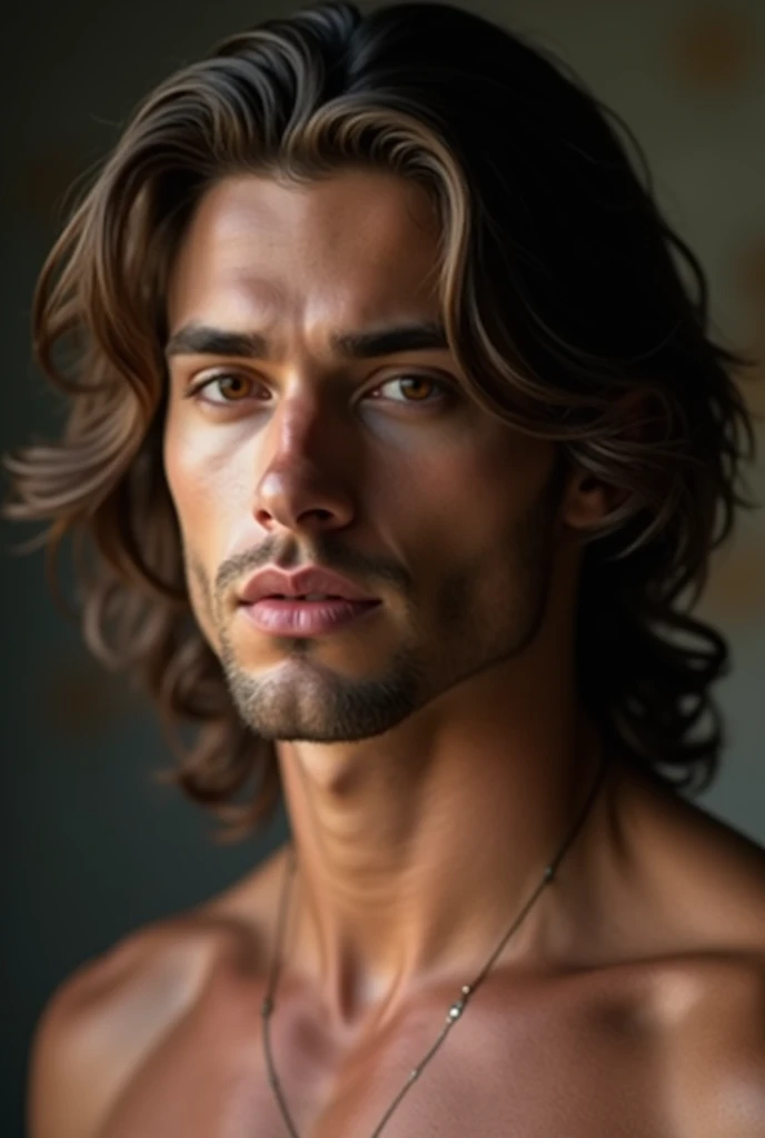 man who is 6'4 and 21 years, white race, masculine features, the most beautiful man, long brown hair, hunting amber eyes, greek god beauty, attractive, eyes hunting, hot body, sexy, passionate, thick brown eyebrows, hollow cheeks, plump rosy full Russian male lips ? 