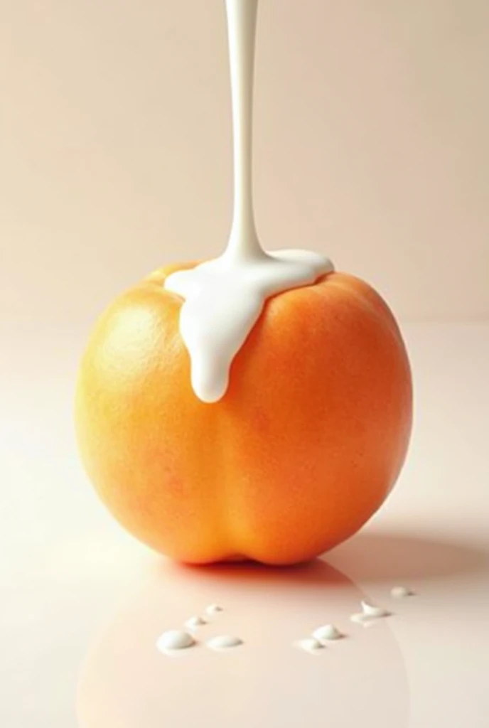 A beautiful large juicy whole peach without cuts with a single line, splashed with drops of dripping white milk, Seen with his front line.