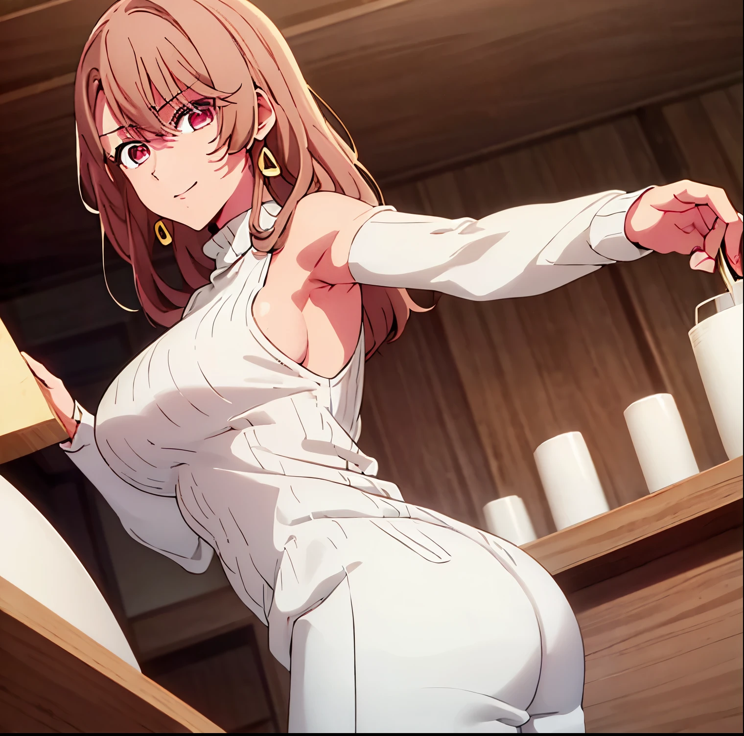 1 girl, alone, miyako saitou, beige sweater dress, beige virgin killer sweater, clothing cut, turtleneck, sleeveless, night, street, cowboy photo, standing, smile, bare arms, full body, sitting on the table, jewelry, collarbone, earrings, open_clothing, pink eyes, light brown hair, eyebrows_visible_through_hair, bangs, 1 girl, 20 years old, young woman, beautiful finger,  full height:1.4,full body ,beautiful long legs, beautiful body, beautiful nose, beautiful character design, perfect eyes, perfect face, expressive eyes, perfect balance, looking at viewer, (focusing on his face), closed mouth, (Inocente_grande_ojos:1.0), Luz_Sonrisa, Official art, Extremely detailed CG unity 8k wallpaper, perfect lighting, colorful, bright front lighting, shiny skin, (masterpiece: 1.0), (best_quality: 1.0), ultra-high resolution, 4k, ultra detailed, photography, 8k, HDR, high resolution, nonsense:1.2, Kodak portrait 400, grain film, blurred background, bokeh:1.2, Lens flare, (vibrant_color:1.2), professional photography, (beautiful, big_breasts: 1.4), (beautiful_face: 1.5), (narrow_waist), Wide hips, medium thighs, full body excellent anatomy , Excellent hands,looking back,from behind,((focus on butt:1.3)),point of view (from below)