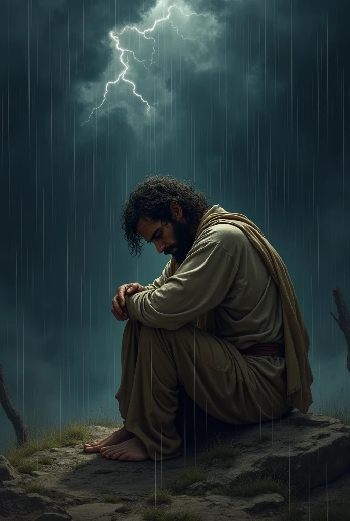 Create an illustration of the prophet Elijah in a state of deep depression, inspired by 1 Kings chapter 19. Elijah is sitting alone, without any trace of companions or spiritual support. He is surrounded by an eerily dark and stormy atmosphere, with black clouds, lightning and heavy rain. Elijah’s facial expression should convey despair, hopelessness and exhaustion. His body language should suggest a sense of collapse, perhaps with his head in his hands, slumped over or with his arms around his knees. Avoid any visible text or symbols, focusing only on conveying Elijah’s emotional and physical vulnerability during this moment of despair. The illustration should be visually striking, evoking a sense of melancholy and isolation.