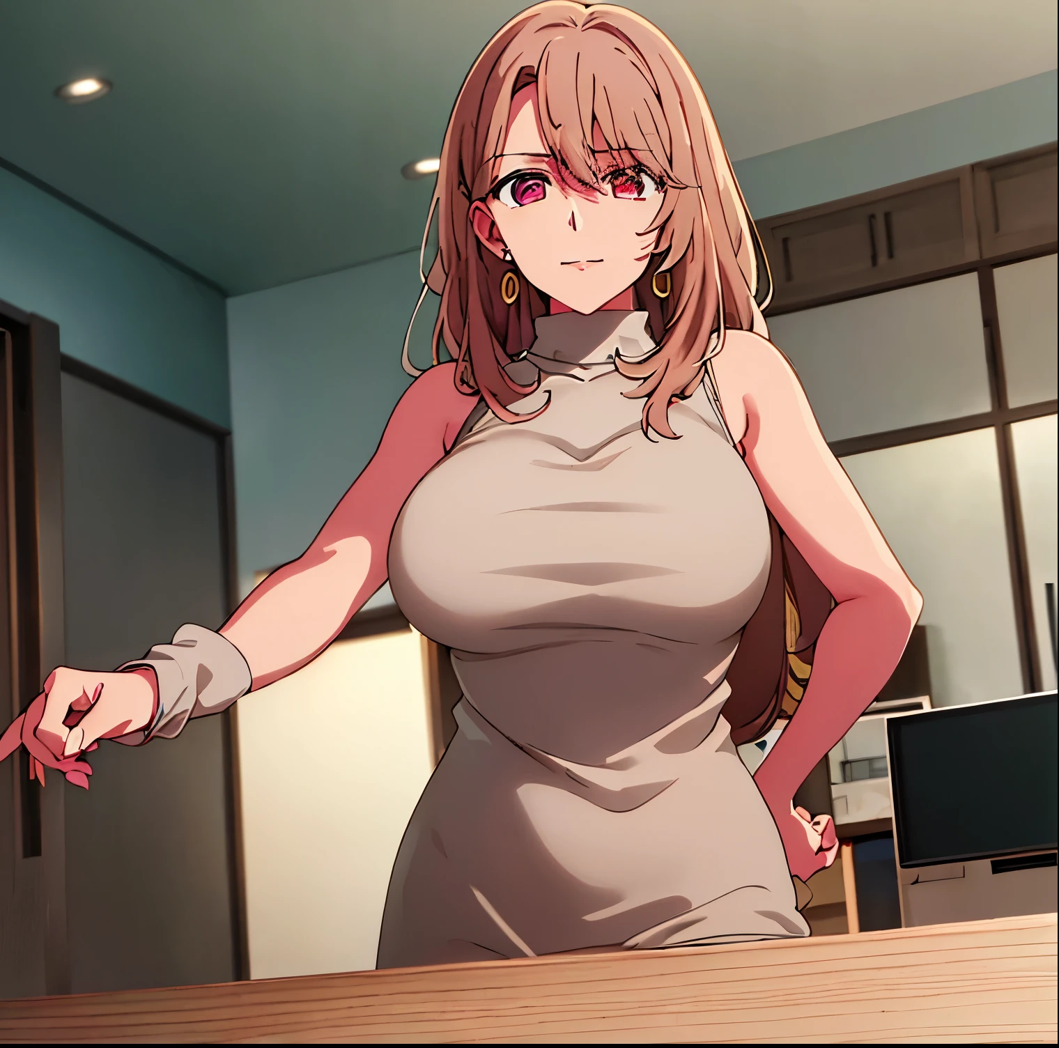 1 girl, alone, miyako saitou, beige sweater dress, beige virgin killer sweater, clothing cut, turtleneck, sleeveless, night, street, cowboy photo, standing, smile, bare arms, full body, sitting on the table, jewelry, collarbone, earrings, open_clothing, pink eyes, light brown hair, eyebrows_visible_through_hair, bangs, 1 girl, 20 years old, young woman, beautiful finger,  full height:1.4,full body ,beautiful long legs, beautiful body, beautiful nose, beautiful character design, perfect eyes, perfect face, expressive eyes, perfect balance, looking at viewer, (focusing on his face), closed mouth, (Inocente_grande_ojos:1.0), Luz_Sonrisa, Official art, Extremely detailed CG unity 8k wallpaper, perfect lighting, colorful, bright front lighting, shiny skin, (masterpiece: 1.0), (best_quality: 1.0), ultra-high resolution, 4k, ultra detailed, photography, 8k, HDR, high resolution, nonsense:1.2, Kodak portrait 400, grain film, blurred background, bokeh:1.2, Lens flare, (vibrant_color:1.2), professional photography, (beautiful, big_breasts: 1.4), (beautiful_face: 1.5), (narrow_waist), Wide hips, medium thighs, full body excellent anatomy , Excellent hands,looking back,from behind,((focus on butt:1.3)),point of view (from below)