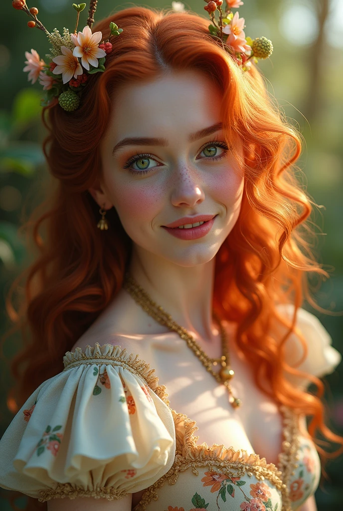 One with vibrant green eyes and curly red hair that reaches her waist. Her skin is fair and dotted with freckles, that intensify under the sun. Her lips are pink and always have a slight smile.. Wear a floral, flared dress, those who seem to have come out of a fairy tale, and on the feet, worn ballet slippers.