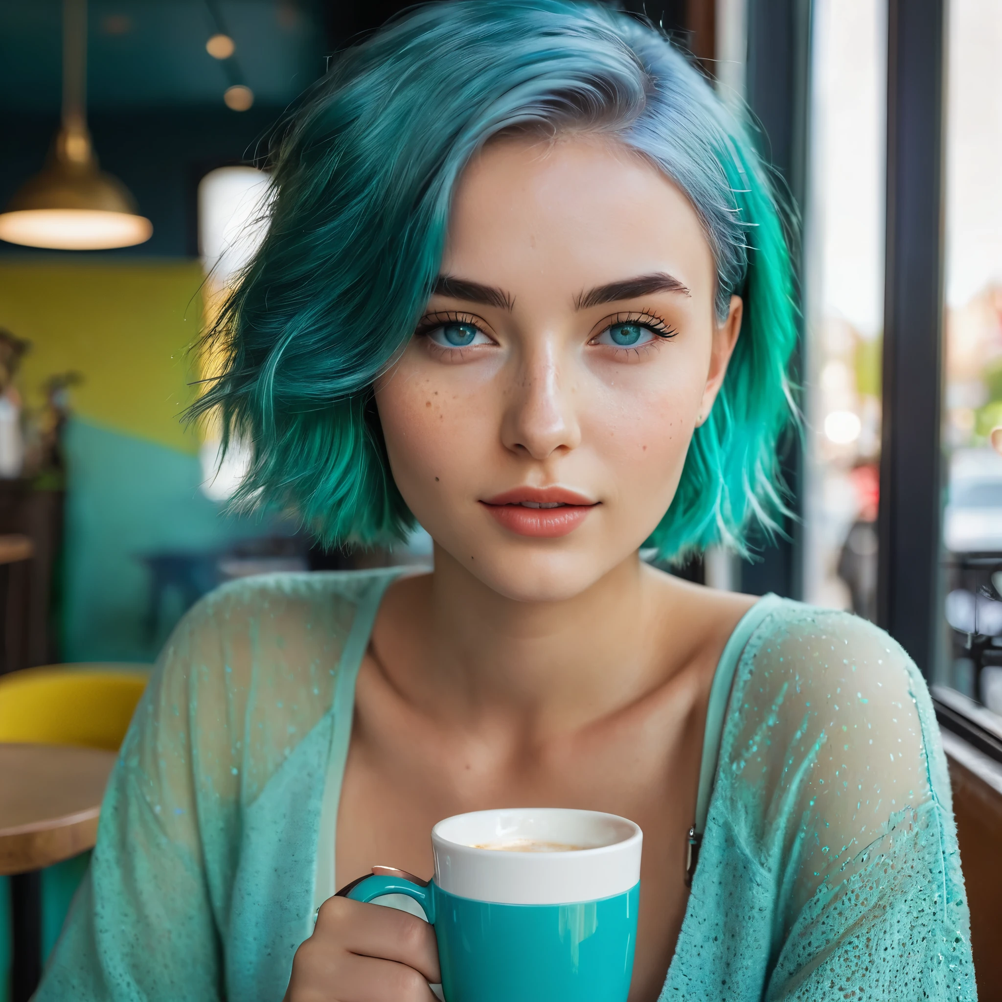 Woman 20 Years Old Nordic Ethnicity, short blue hair with a perfect face and light freckles, Blue-Green Eyes, NovaiBrew at a chic café, enjoying a coffee. The focus is on the coffee and her stylish outfit, with the background slightly blurred to keep the attention on her. ((Color palette - turquoise, neon green, yellow shades))