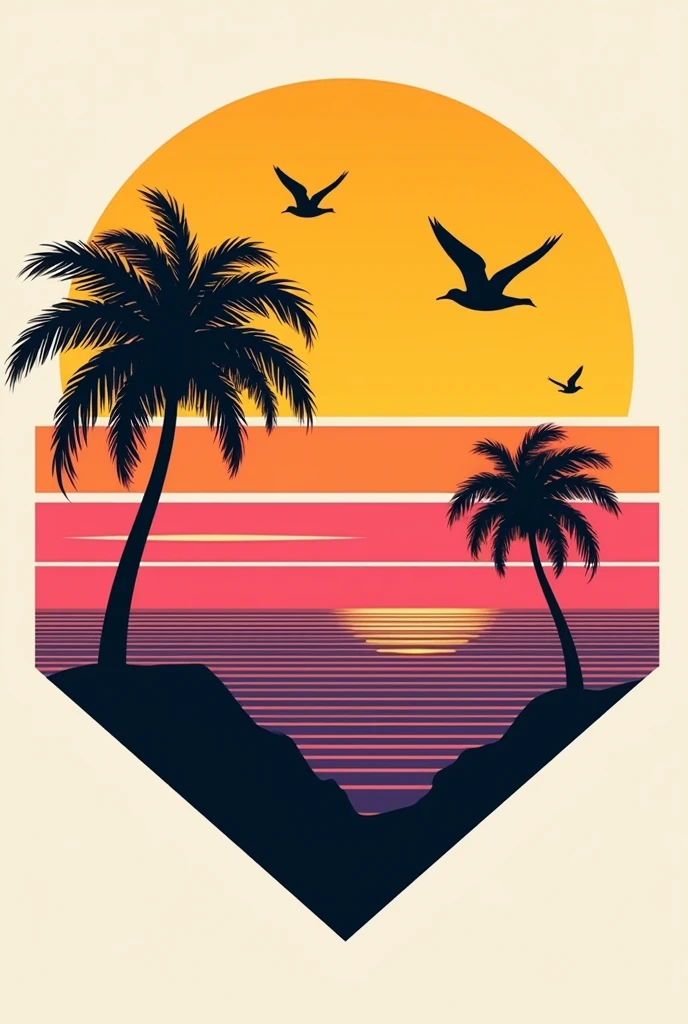 "A vibrant, retro-style sunset with bold, horizontal gradient lines in shades of orange, yellow, pink, and purple, forming a semi-circle. In front of the sunset, add solid black silhouettes of palm trees swaying gently in the breeze, with a few birds flying above. Frame the entire design with a geometric shape, like a circle or triangle, that has a bold white outline around it to ensure the design stands out and is unaffected when the background is removed. The overall aesthetic should evoke a nostalgic, vintage beach vibe.