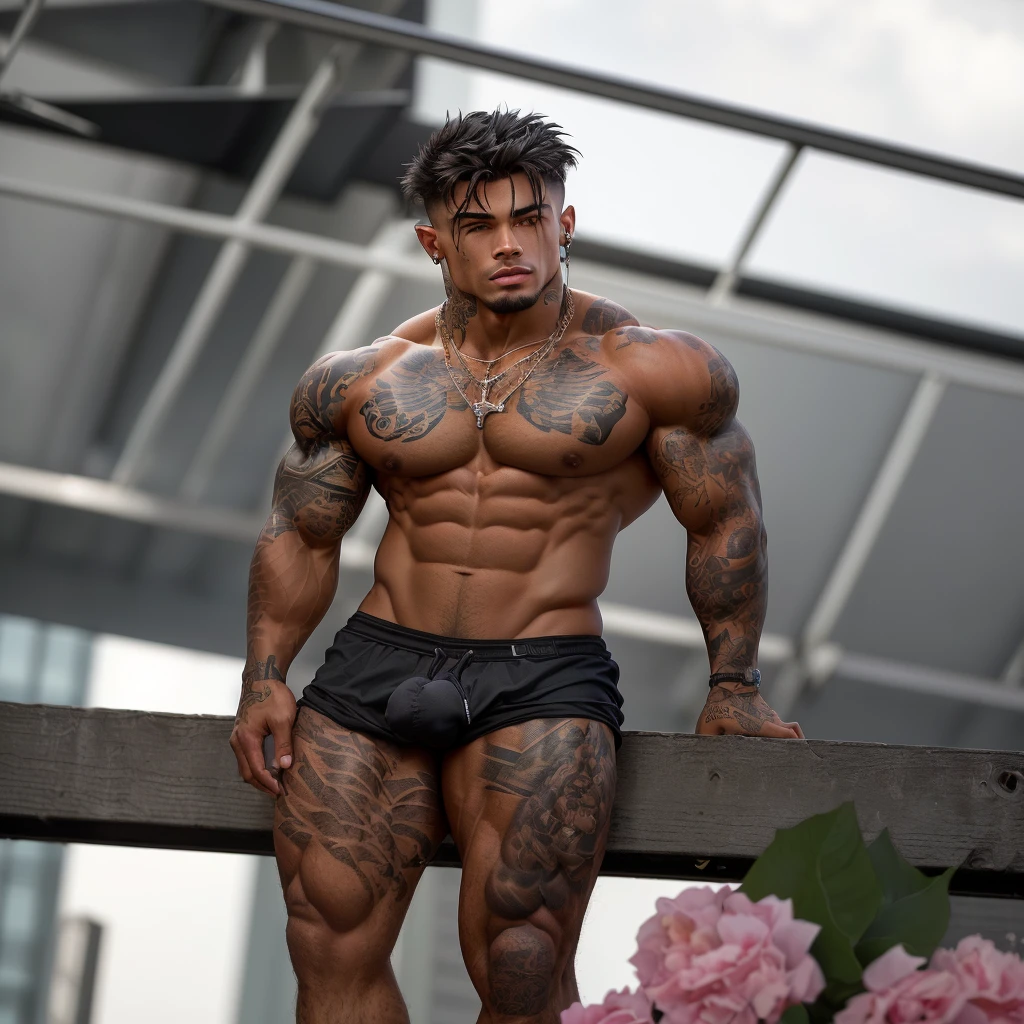 there is a man with tattoos on his body standing on a fence, bodybuilder physique, fitness model, muscular body tattooed, shredded, ripped, strong masculine features, exaggerated muscle physique, fit physique, bodybuilder posing, zyzz, bodybuilder body, male model, exaggerated physique, natural physique, muscular build, big wide broad strong physique |, prefect body he is not wearing pants and has large genitals.