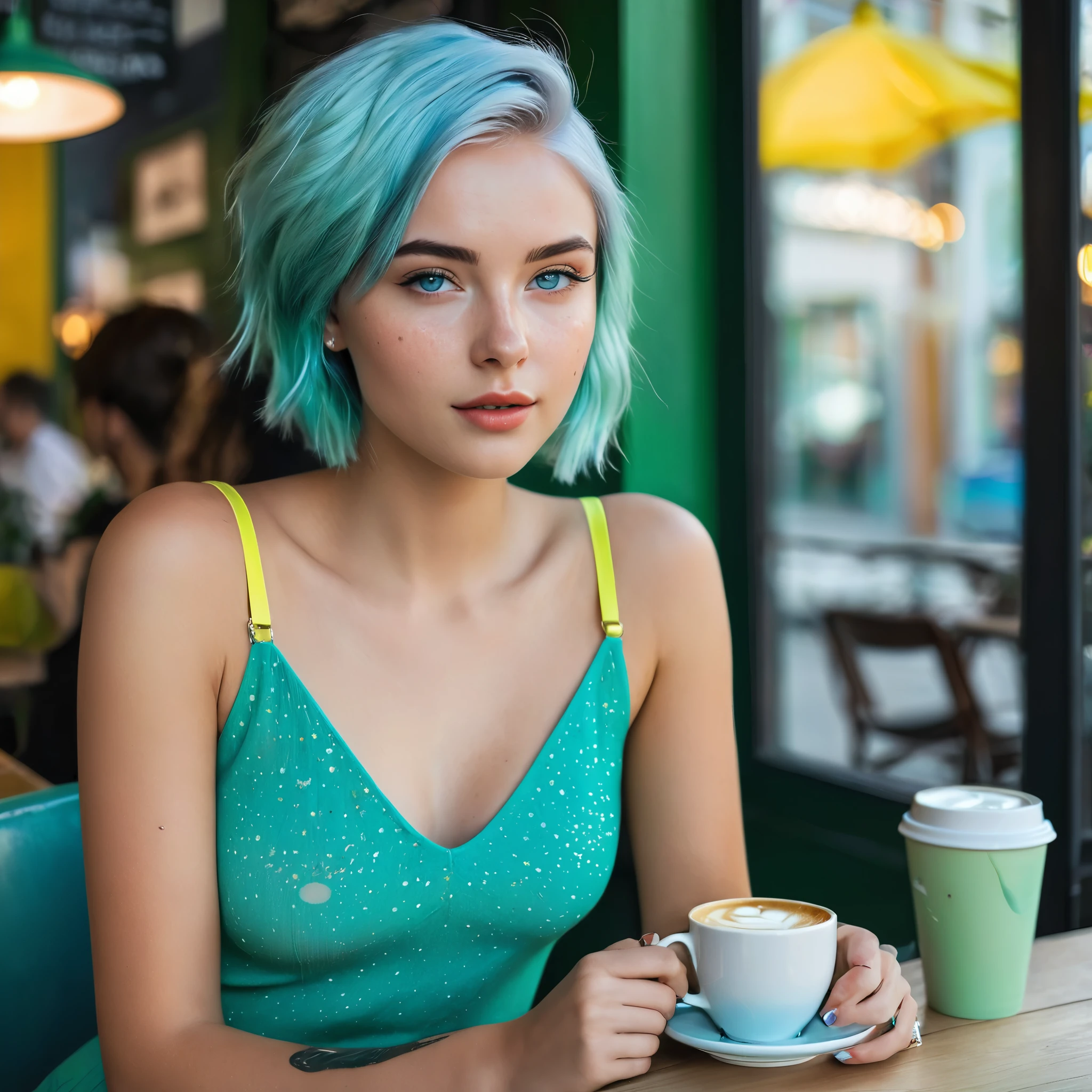 Woman 20 Years Old Nordic Ethnicity, short blue hair with a perfect face and light freckles, Blue-Green Eyes, NovaiBrew at a chic café, enjoying a coffee. The focus is on the coffee and her stylish outfit, with the background slightly blurred to keep the attention on her. ((Color palette - turquoise, neon green, yellow shades))