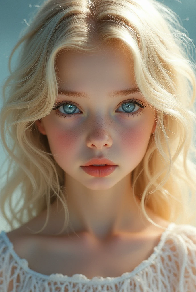 A blonde girl,with very light blue eyes