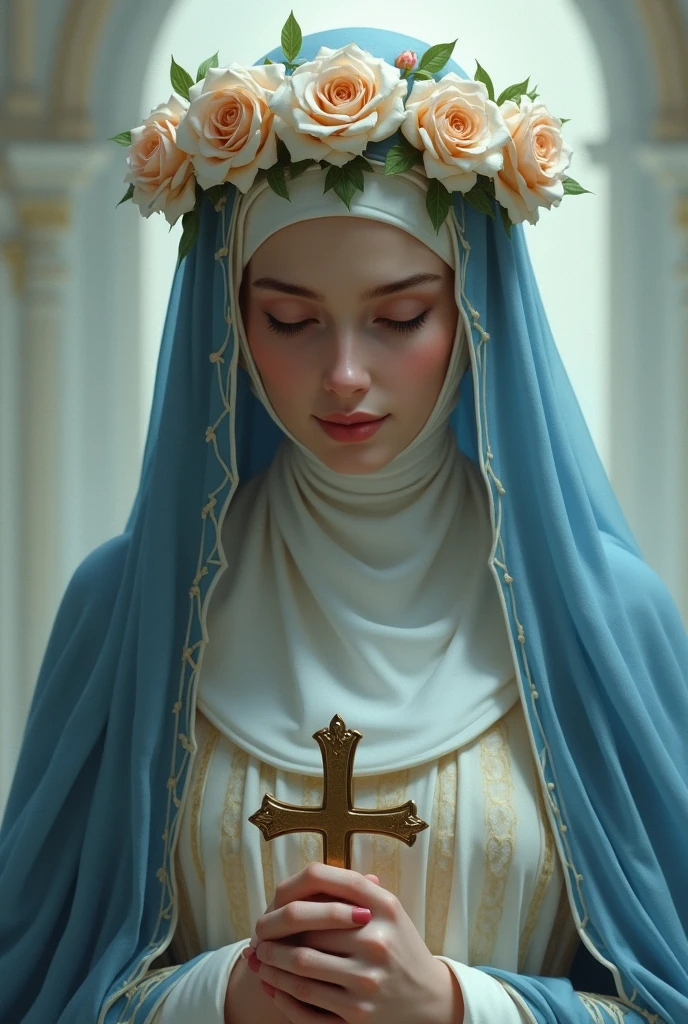 Woman with a blue and white nun's veil and a crown of roses with a cross in her hand