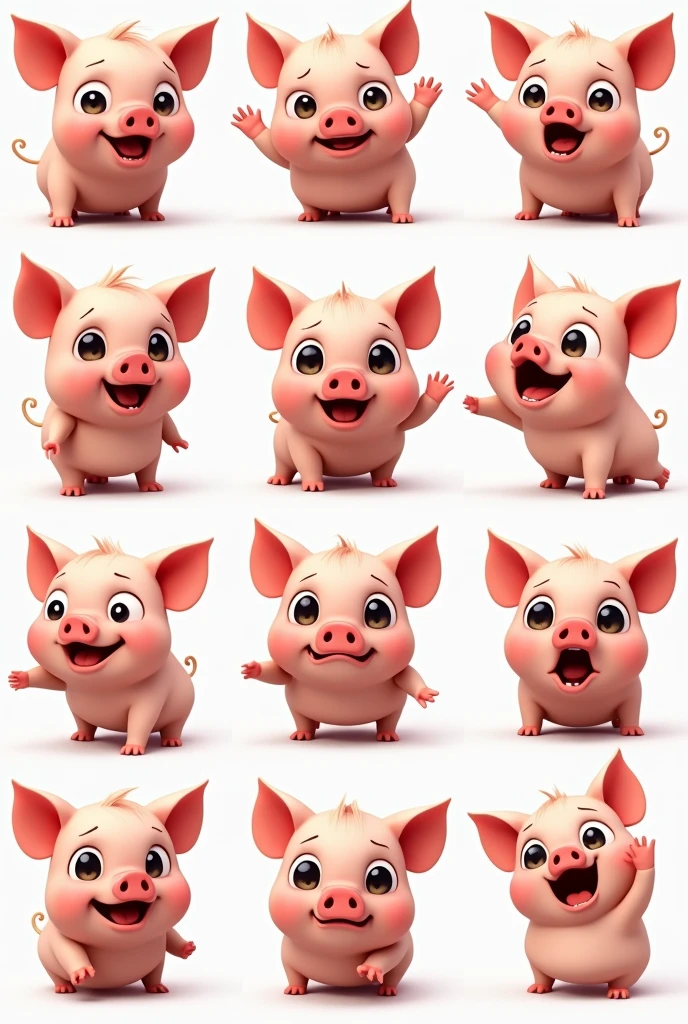 A cute little pig，Look closely，
Close-up of facial expression，Pig&#39;s facial expressions and movements，
Exaggerated movements，Happy，
angry，sad,
surprise、Happy, etc，Various emotions，White base color，Q version，
Sticker art design，Super high 9 square layout