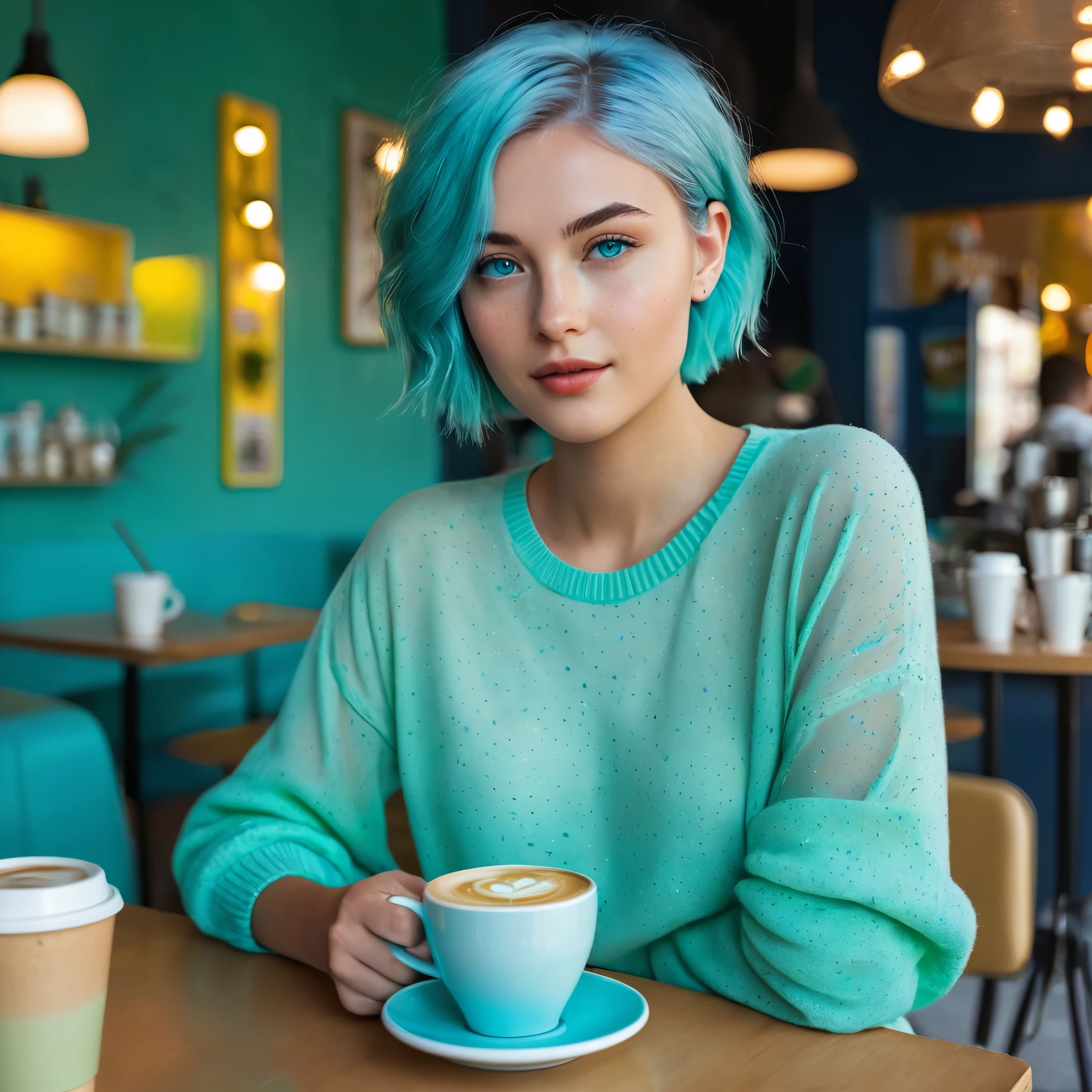 Woman 20 Years Old Nordic Ethnicity, short blue hair with a perfect face and light freckles, Blue-Green Eyes, NovaiBrew at a chic café, enjoying a coffee. The focus is on the coffee and her stylish outfit, with the background slightly blurred to keep the attention on her. ((Color palette - turquoise, neon green, yellow shades))